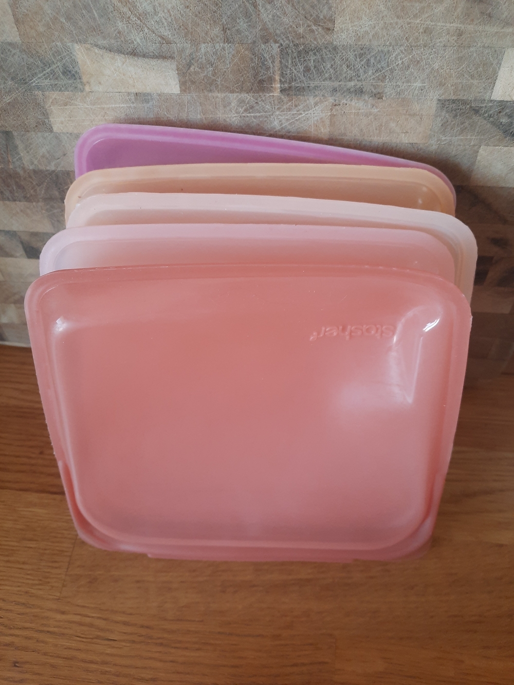 5 Stasher Silicone Reusable Sandwich Bags In Pink, Red, Orange